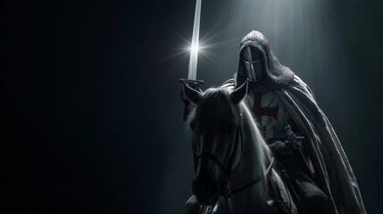 knight templar on horse rising shining sword on dark background