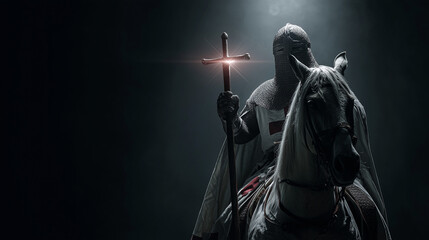 knight templar on horse holding shining holy cross on dark background