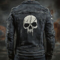 Distressed denim jacket featuring a skull graphic
