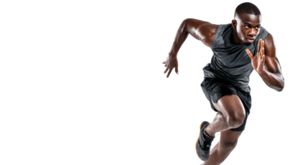 Athletic man sprinting with intense focus, white isolated background.