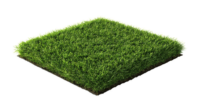 Artificial grass square with vibrant green color, isolated on white background.