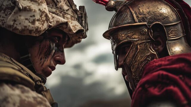 us marine soldier facing spartain gladiator warrior face to face