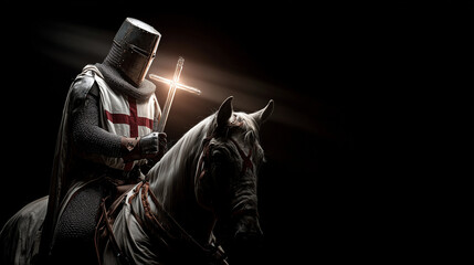knight templar on horse holding shining holy cross on dark background