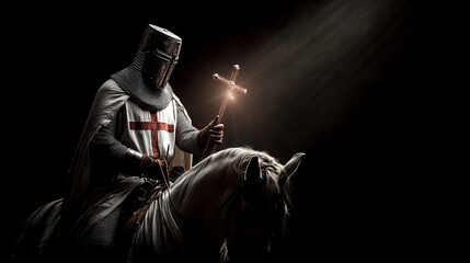 knight templar on horse holding shining holy cross on dark background