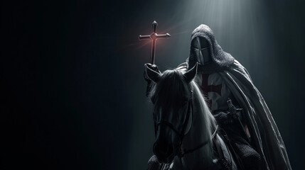 knight templar on horse holding shining holy cross on dark background