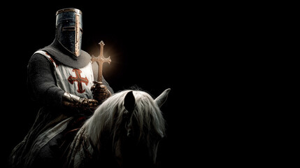 knight templar on horse holding shining holy cross on dark background