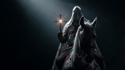 knight templar on horse holding shining holy cross on dark background