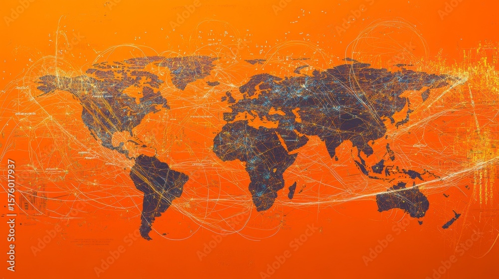 Poster abstract world map with connecting lines, representing global network and communication.