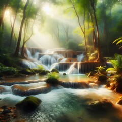 beautiful waterfall in forest with soft sunlight