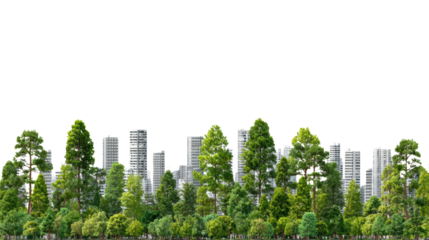 City skyline with green trees in the foreground on a white isolated background.
