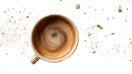 Coffee mug with coffee grounds, top view, isolated background.