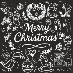 Merry Christmas doodle on black background with holiday icons: cat in Santa hat, wreath, candle, rocking horse, fireplace, cupcake, winter plants and handwritten lettering