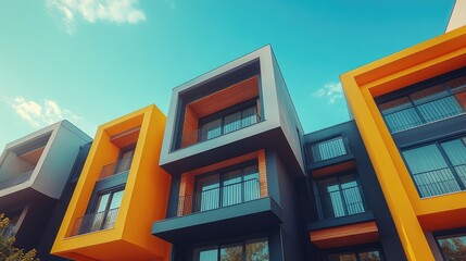 Modern apartment buildings in vibrant colors against a clear sky.