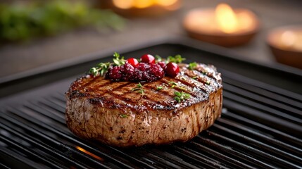 Deliciously Grilled Steak with Warm Candlelight Creating Cozy Ambiance