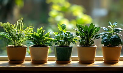 Fototapeta premium Five potted plants of varying species basking in soft window lig