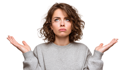 Confused young woman with curly hair, shrugging with an unsure expression, white isolated background.