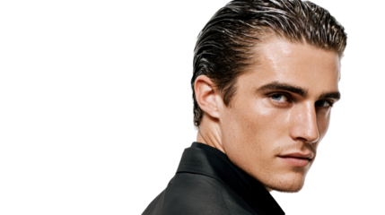 Confident young man with slicked-back hair, wearing a black suit, striking an intense pose against a white background.