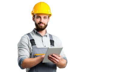 Construction worker with a yellow hard hat, holding a tablet and smiling, on a white isolated background.