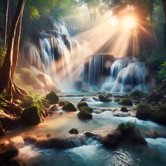beautiful waterfall in forest with soft sunlight
