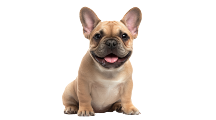 Cute French Bulldog puppy sitting happily, white isolated background.