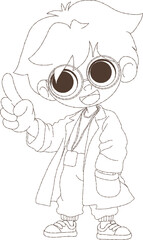 Young scientist boy in lab coat, a cute cartoon boy scientist wears a white lab coat, glasses and has a cheerful expression on his face