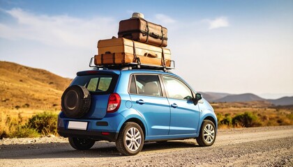 A small blue car overloaded with suitcases and bags drives through a desert-like landscape, suggesting a long journey or relocation packed with adventure and essentials.