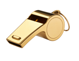 Floating Golden Whistle with Shiny Reflections, Transparent Background.