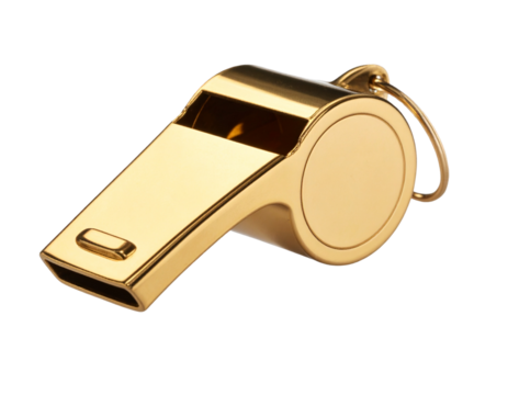 Floating Golden Whistle with Shiny Reflections, Transparent Background.