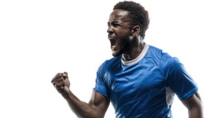 Excited athlete celebrating a victory with a powerful gesture, energetic pose, against a white background.