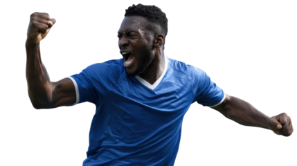 Excited athlete celebrating a victory after scoring a goal, energetic pose, white isolate background