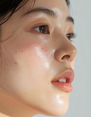 Fototapeta premium 日本人, 超リアル, 美しい, 若い女性, 顔, クローズアップ, 欠点のない肌, 輝く肌質, ナチュラルメイク, 柔らかなライティング, 美容CM風, シネマティック, カメラ目線, 高解像度,Japanese, ultra-realistic, beautiful, young woman, face, close-up, flawless skin, glowing complexion