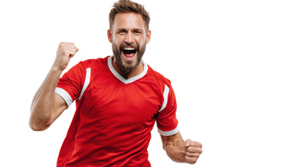 Excited soccer player celebrating a goal with raised fists, isolated with a white background.