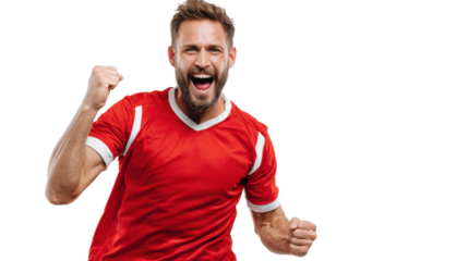 Excited soccer player celebrating a goal with raised fists, isolated with a white background.
