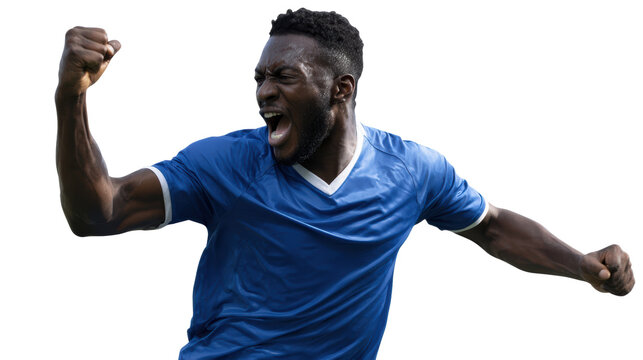 Excited athlete celebrating a victory after scoring a goal, energetic pose, white isolate background - Powered by Adobe