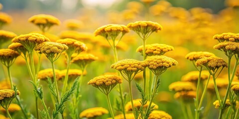 A lush meadow in late summer with Achillea millefolium flowering plants, their yellow flowers swaying gently in the breeze