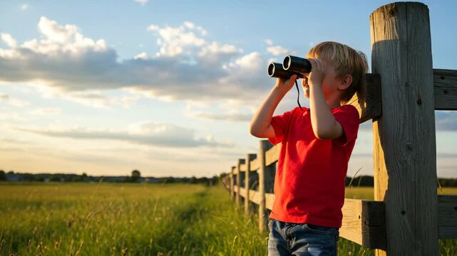 Young boy using binoculars while standing near wooden fence in field  