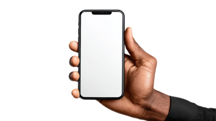 Hand holding a smartphone with a blank screen, isolated on a white background.