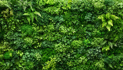 Lush Green Wall of Diverse Plants, Full Frame, Natural Texture a