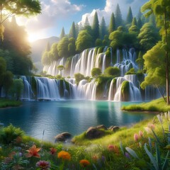 Beautiful waterfall on lake