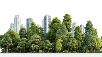 Lush green trees juxtaposed against modern city skyscrapers, symbolizing urban nature.