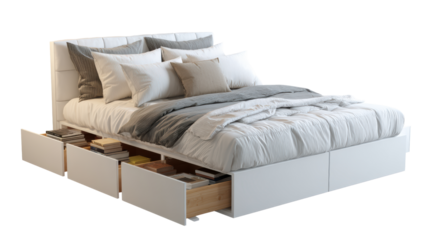 Modern bed with storage, featuring soft pillows and a stylish design, ideal for contemporary bedroom decor.