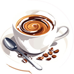 Coffee Cup with Swirl and Beans – Vector Illustration of White Mug on Saucer with Spoon and Scattered Coffee Beans