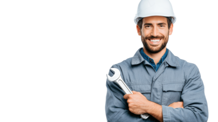 Smiling engineer in helmet holding wrench, isolated on white background, confident and skilled.