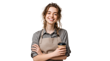 Smiling barista in apron holding coffee cup on a transparent background.