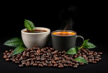 Fototapeta premium Dark roasted coffee beans & fresh green leaves beside steaming cup on black background, product, rich