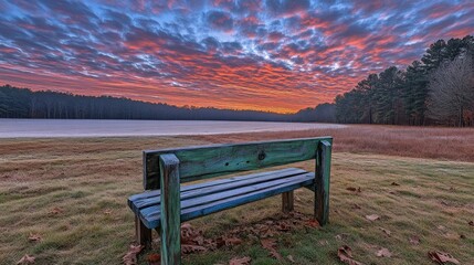 Tranquil park bench at sunrise over a frozen lake.