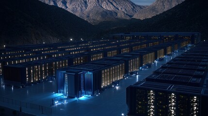 Rows of server containers at night.