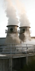 Industrial exhaust stacks releasing steam.