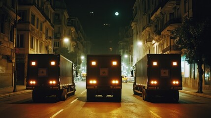 Nighttime city street with trucks.