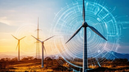 Wind turbines at sunrise, overlayed with digital network design.